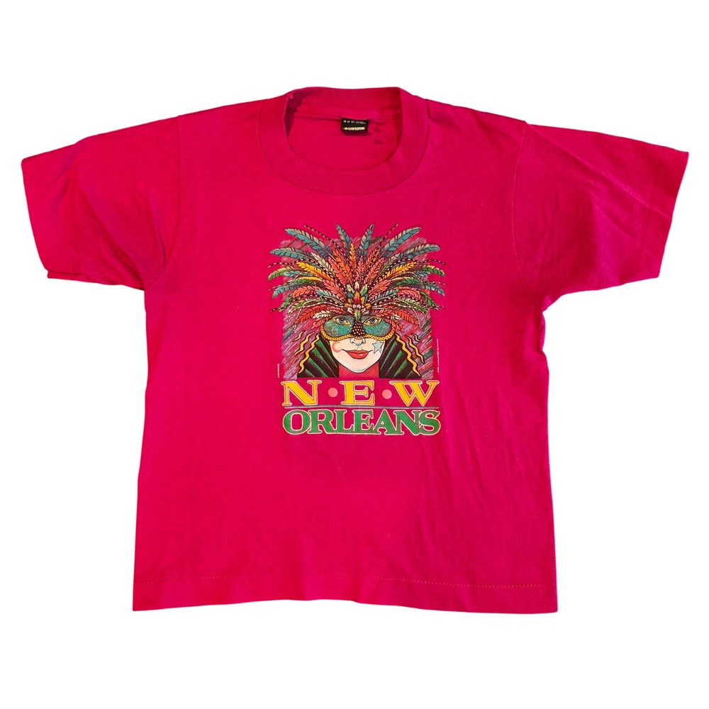Vintage 1990 New Orleans Mardi Gras T-Shirt Pink Screen Stars Best Kids 10-12